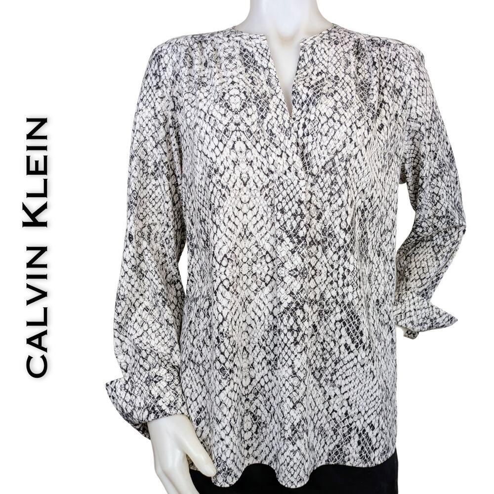 Calvin Klein Blouse Top Large White Black Snakeskin Print Flowy Classic Mob Wife